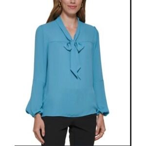 Womens NWOT DKNY Cinched Sleeve Aqua Blue Bow Tie Blouse Top
